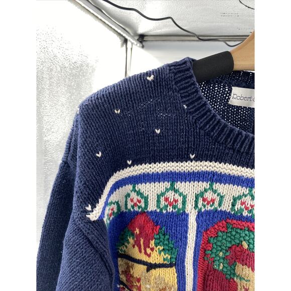 Vintage Robert Scott M Blue Christmas Sweater Crew Neck Sled Tree Wreath - Picture 8 of 12